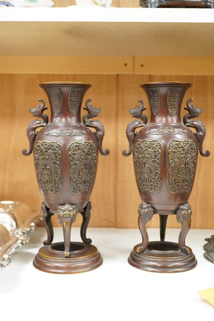 Two pairs of Japanese bronze vases, Meiji period and another, later example, largest 35cm high